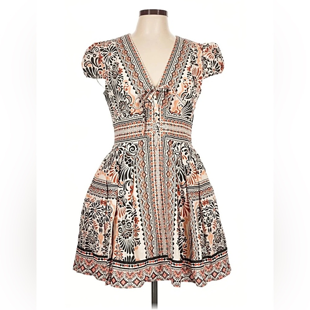 Avec Les Filles Cream, Black & Peach Printed Fit-and-Flare Dress